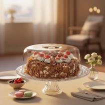 Prato de Vidro com Pé e Tampa Plástica Gourmet Boleira de Vidro Mesa Posta Ruvolo