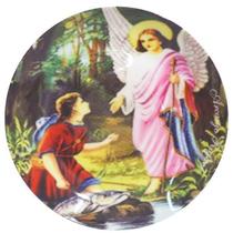 Prato Decorativo Arcanjo Rafael c/ Suporte Religioso 21cm