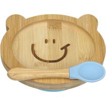 Prato Infantil Bebê Criança Colher E Ventosa Ursinho Bambu