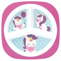 Prato Infantil Raso Animal Fun Bebê Criança 6 Meses Para Introdução Alimentar Com 3 Divisórias Unicórnio Buba