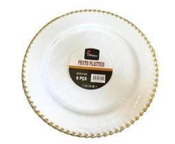 Prato Jantar 26cm Plástico Luxo Perola Bolinha Dourada- 12un - ARCÓLOR