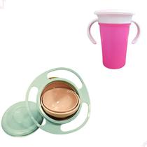 Prato Mágico Infantil Giratório E Copo Antivamento - Rosa