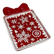 Prato Natalino Floco de Neve Vermelho e Branco quadrado-23cm