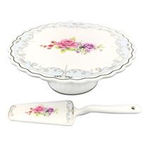 Prato para bolo Mon Cheri em new bone china com pé e espatula D26xA9,3cm branco