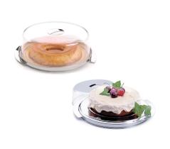 Prato Para Bolo Pudim Inox Boleira Cúpula Acrílica 27,5Cm Servir Tortas Doces Padaria Festa Mesa