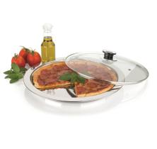 Prato Para Servir Pizza Aço Inox Com Tampa De Vidro Multiuso Mesa Redondo Travessa Forma - FORMA UTILIDADES