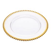 Prato Raso 32cm Com Borda Dourada Pérolas De Cristal De Chumbo Para Servir Almoço Jantar Mesa Presente Sousplat Decorativo