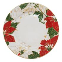 Prato Raso em Cerâmica Natal Flores Vermelho e Verde D&A
