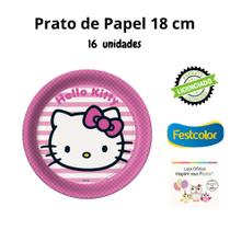 Prato Redondo Festa Hello Kitty 18 cm 16 Unidades Festcolor - Produto Licenciado