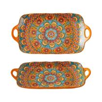 Prato Retangular Grande De Cerâmica Boêmia Com Duas Alças Para Servir Peixe, 13 Polegadas, Para Uso