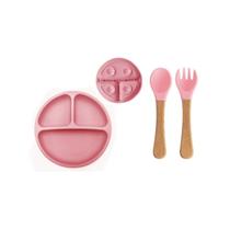 Prato Silicone C/Ventosa E Talher De Madeira e Silicone Rosa