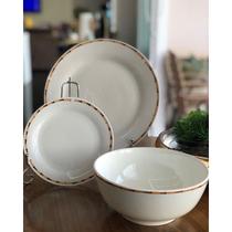 Prato sobremesa de porcelana branca bordas bambu 18cm Lyor Prato sobremesa de porcelana branca bordas bambu 18cm Lyor