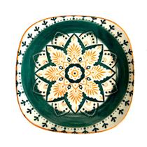 Prato Sobremesa Quadrado Cerâmica Mandala Verde e Laranja 20cm - 1 unid.