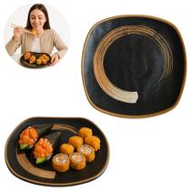 Prato Sushi 22cm Preto Quadrado em Melamina Decorado