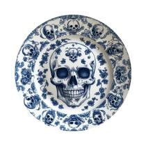 Prato Vintage Floral Azul E Branco Com Esqueleto, Decoração Plana 2D Em Alumínio, Artesanato