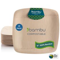 Pratos de bambu descartáveis, folheado de bambu, 23 cm, pacote com 25