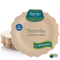 Pratos de bambu descartáveis, folheado de bambu, 23 cm, pacote com 25