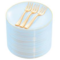 Pratos de bolo Festiva, 200 unidades, ouro azul, 16 cm com garfos de plástico Pratos de bolo Festiva, 200 unidades, ouro azul, 16 cm com garfos de plástico