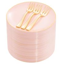 Pratos de bolo Festiva Pink Gold 200 unidades com garfos de 6,3 polegadas