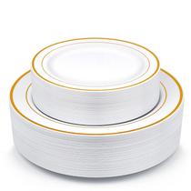 Pratos de festa descartáveis MCIRCO Gold Plastic 100 peças Pratos de festa descartáveis MCIRCO Gold Plastic 100 peças