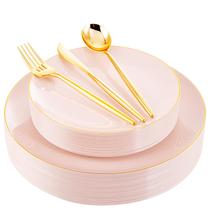 Pratos de festa I00000 de plástico rosa para 30 convidados com talheres dourados
