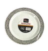Pratos de festa Jantar com detalhes prata de Acrilico- 12un