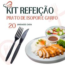 Pratos de Isopor Refeição de 23cm com 20 unidades e 20 Kit Garfo e Faca Preto em Sachê Ideal para Festas