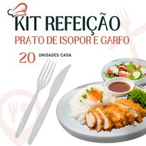 Pratos de Isopor Refeição de 23cm e Garfo e Faca Branco em Sachê Ideal para Festas kit com 20