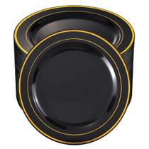 Pratos de jantar BuCla Black Plastic com borda dourada 26 cm 100 unidades
