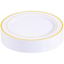 Pratos de jantar BuCla, plástico branco e dourado, 30 unidades descartáveis