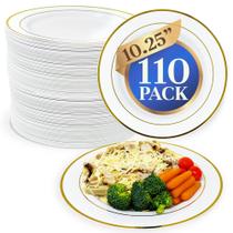 Pratos de jantar de plástico Reli. 110 unidades descartáveis brancas com borda dourada Pratos de jantar de plástico Reli. 110 unidades descartáveis brancas com borda dourada