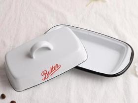 Pratos de manteiga tamanho médio esmalte nostálgico retrô com tampa bandeja de lanche utensílios de cozinha doméstica caixa de manteiga queijo Pratos de manteiga tamanho médio esmalte nostálgico retrô com tampa bandeja de lanche utensílios de cozinha doméstica caixa de manteiga queijo