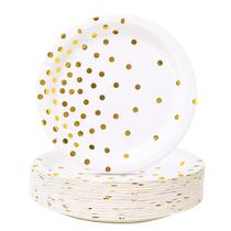 Pratos de papel CENLBJ brancos e dourados 18 cm 100 unidades para festa