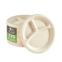 Pratos de papel compostáveis Vplus, 9 polegadas, 3 compartimentos, pacote com 125