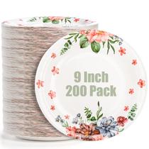 Pratos de papel descartáveis Yarlung, 9 polegadas, pacote com 200 estampas florais