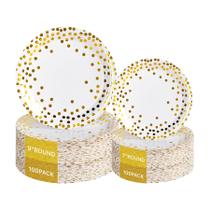Pratos de papel Lullaby 200 unidades brancos e dourados para 100 convidados