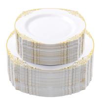 Pratos de plástico Bestluck branco/dourado 200 unidades para 100 convidados