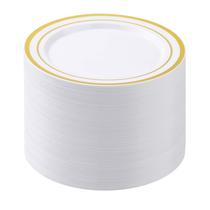 Pratos de plástico BESTSTAR 100PCS brancos com borda dourada de 26 cm