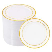 Pratos de plástico BuCla 100 peças brancas de 6,25 polegadas com borda dourada