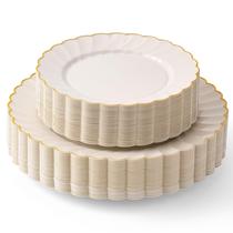 Pratos de plástico da Madee PREMIUM Ivory com acabamento dourado, 60 unidades Pratos de plástico da Madee PREMIUM Ivory com acabamento dourado, 60 unidades