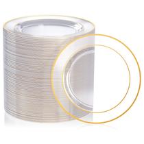 Pratos de plástico descartáveis FOCUSLINE de 7 polegadas transparentes com borda dourada Pratos de plástico descartáveis FOCUSLINE de 7 polegadas transparentes com borda dourada