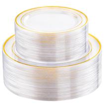 Pratos de plástico FLOWERCAT Clear com acabamento dourado 100 unidades (50x26 cm/50x19 cm)