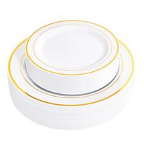 Pratos de plástico FLOWERCAT Gold descartáveis 60 unidades (30 para jantar, 26 cm e 30 para sobremesa, 19 cm) Pratos de plástico FLOWERCAT Gold descartáveis 60 unidades (30 para jantar, 26 cm e 30 para sobremesa, 19 cm)