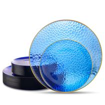 Pratos de plástico Hioasis Blue com borda dourada 60 unidades para 30 convidados
