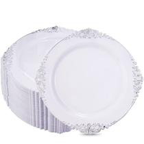 Pratos de plástico Hioasis White Silver 10,25 polegadas 100 unidades descartáveis