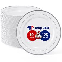 Pratos de plástico JOLLY CHEF 25,4 cm, 100 peças, borda prateada, branca Pratos de plástico JOLLY CHEF 25,4 cm, 100 peças, borda prateada, branca