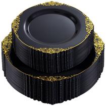 Pratos de plástico Joyido Black com borda dourada, 102 unidades para 51 convidados Pratos de plástico Joyido Black com borda dourada, 102 unidades para 51 convidados