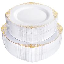 Pratos de plástico Joyido branco/dourado 102 unidades para casamentos/festas Pratos de plástico Joyido branco/dourado 102 unidades para casamentos/festas