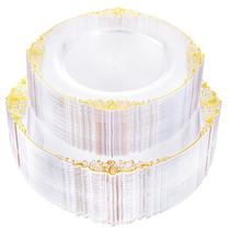Pratos de plástico Joyido Clear Gold Rim 102 unidades para festa de casamento Pratos de plástico Joyido Clear Gold Rim 102 unidades para festa de casamento