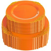 Pratos de plástico Joyido Orange com borda dourada 102 unidades para 51 convidados Pratos de plástico Joyido Orange com borda dourada 102 unidades para 51 convidados